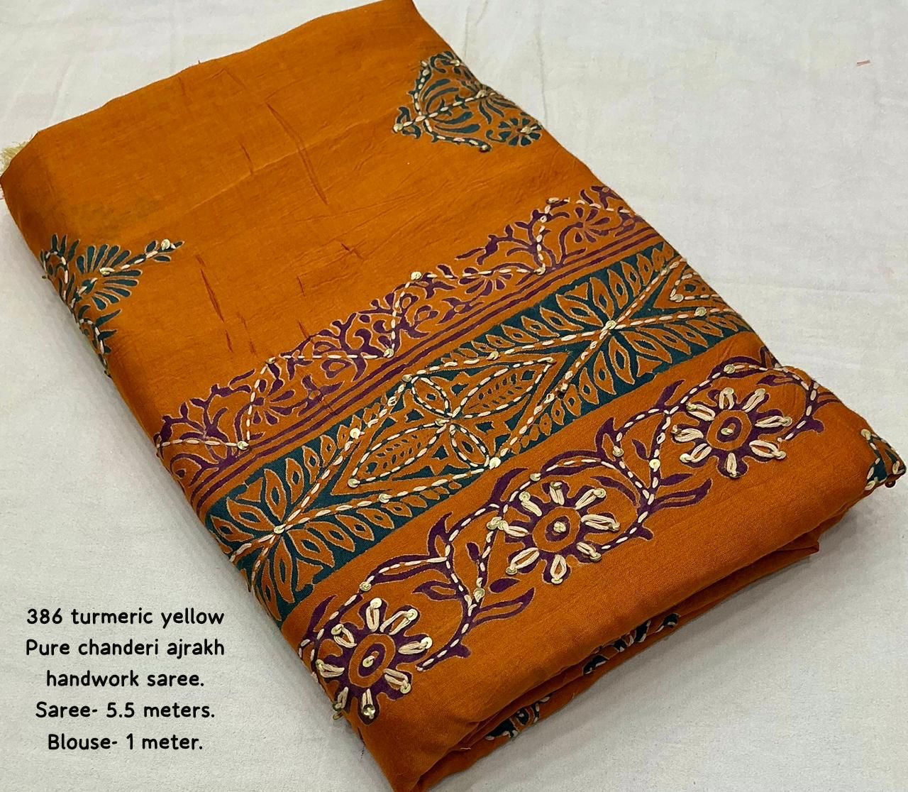 Premium Turmeric Yellow Ajrakh Hand Block Printed Chanderi Cotton Saree with Kaatha & Sequin Work | Swaraas.in
