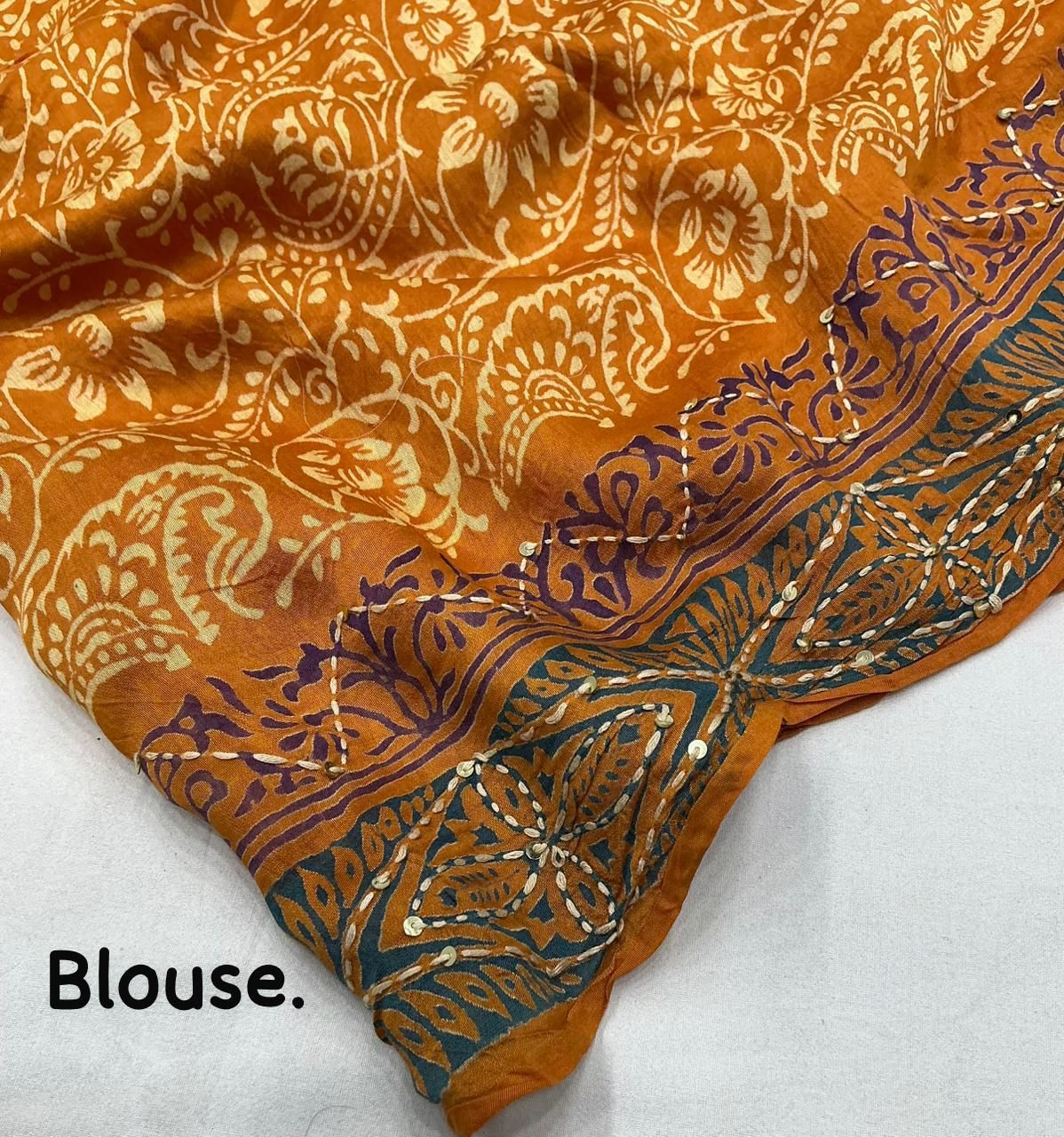Premium Turmeric Yellow Ajrakh Hand Block Printed Chanderi Cotton Saree with Kaatha & Sequin Work | Swaraas.in