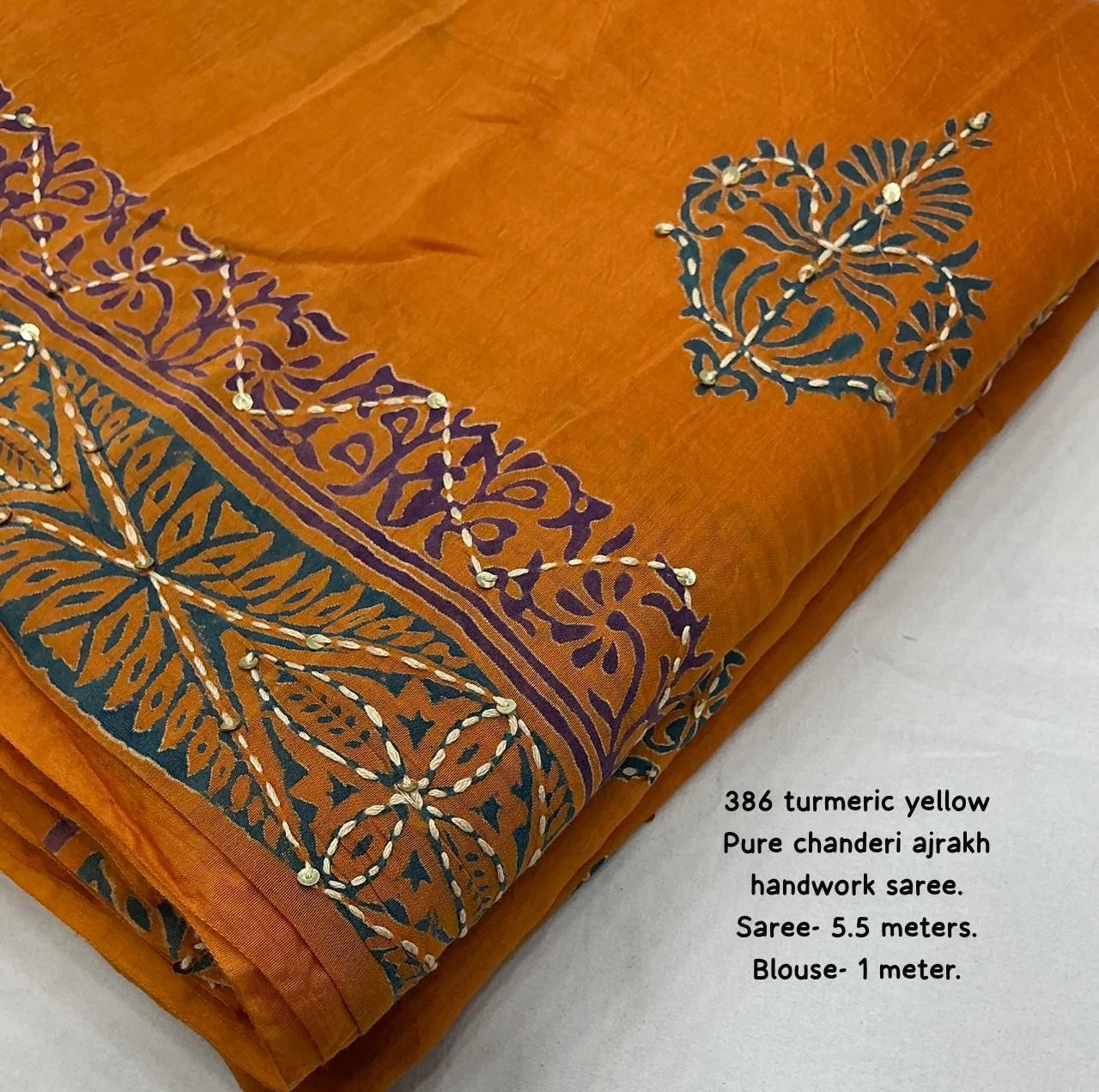Premium Turmeric Yellow Ajrakh Hand Block Printed Chanderi Cotton Saree with Kaatha & Sequin Work | Swaraas.in
