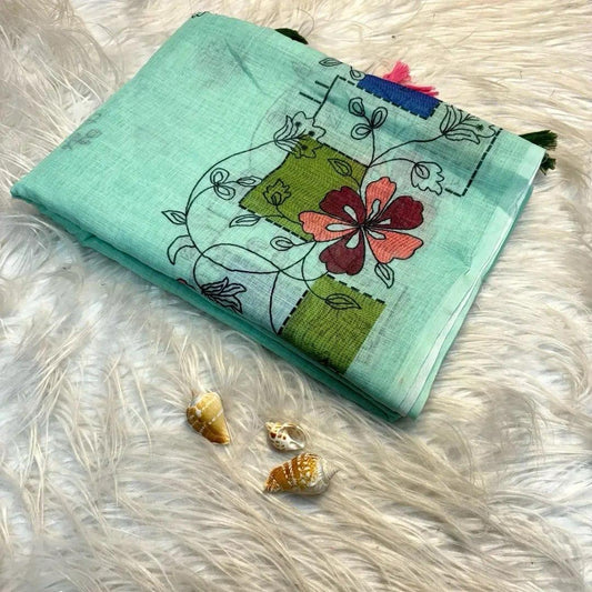 Soft Linen Cotton Saree with All-Over Batik Print & Kalamkari Pallu – Digital Kalamkari Blouse & Tassels | Swaraas.in