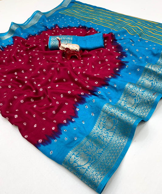 Soft Dola Silk Bandhani Print Saree with Jacquard Woven Border – Elegant Traditional Wear | Swaraas.in