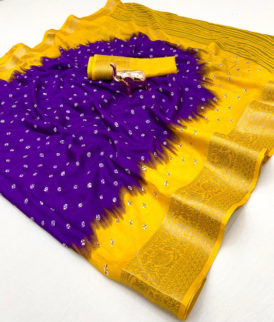 Soft Dola Silk Bandhani Print Saree with Jacquard Woven Border – Elegant Traditional Wear | Swaraas.in