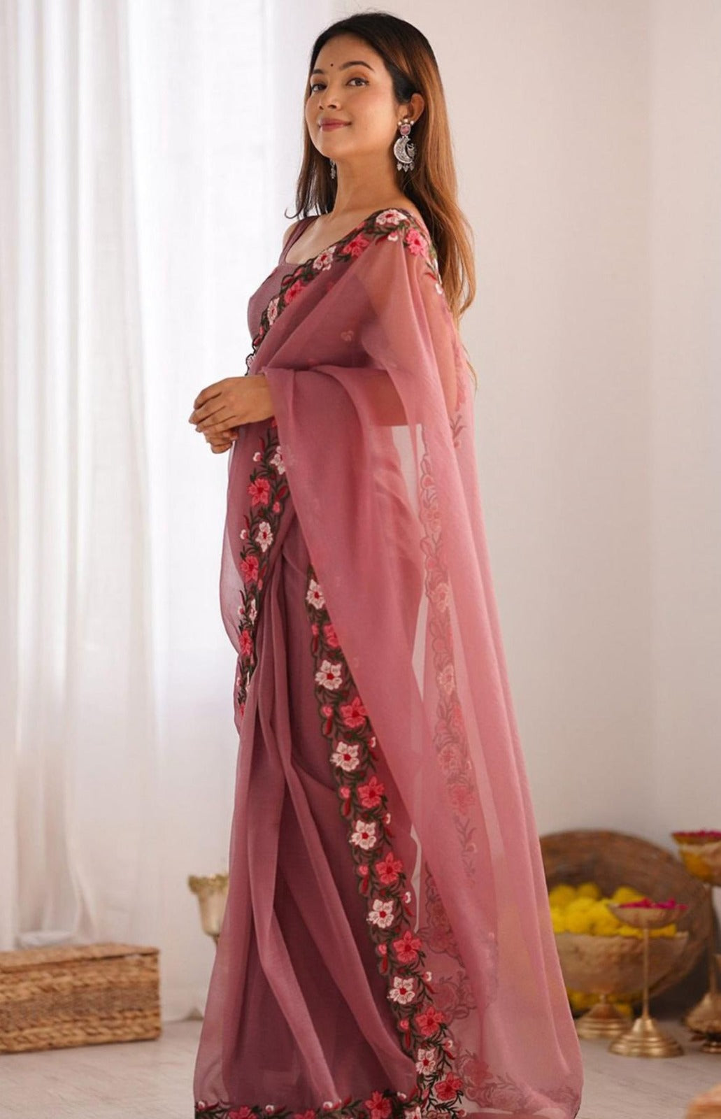 Pastel Faux Georgette Saree with Intricate Multi-Thread Embroidery & Heavy Work Blouse – Elegant Party Wear | Swaraas.in