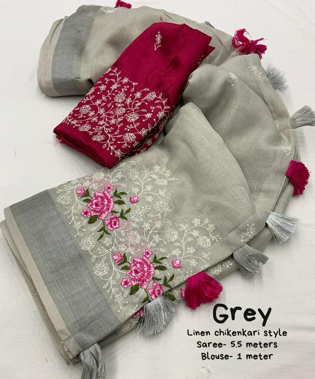 Pure Linen Saree with Elegant Silver Zari Pattu Border & Matching Blouse – Handloom-Inspired Ethnic Wear | Swaraas.in