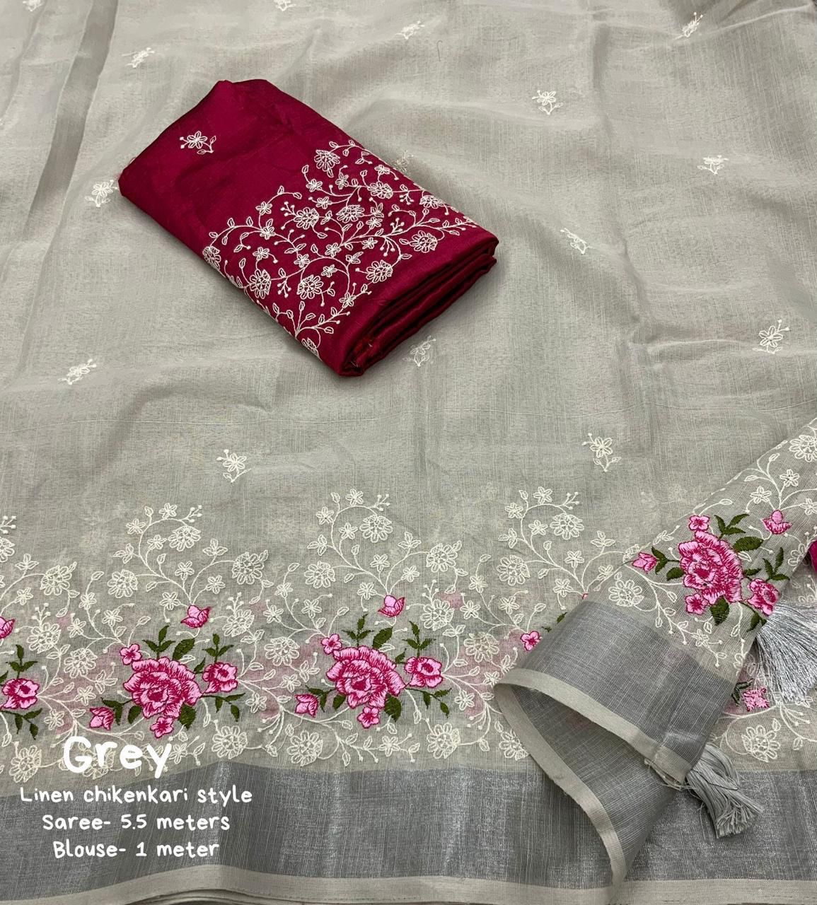 Pure Linen Saree with Elegant Silver Zari Pattu Border & Matching Blouse – Handloom-Inspired Ethnic Wear | Swaraas.in