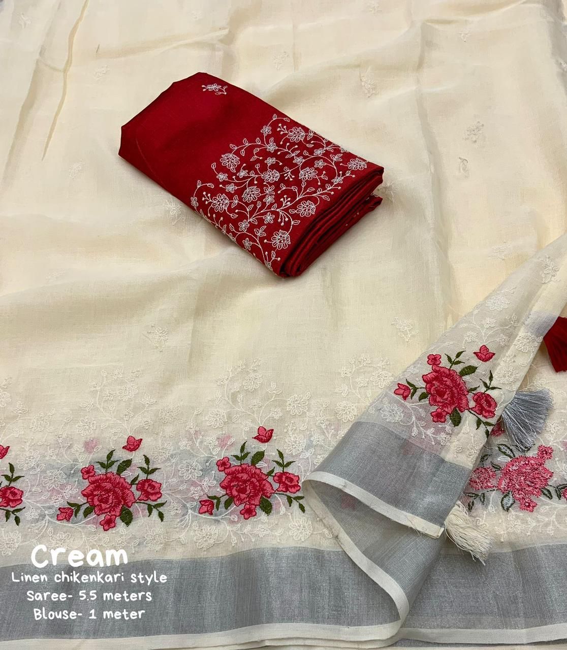 Pure Linen Saree with Elegant Silver Zari Pattu Border & Matching Blouse – Handloom-Inspired Ethnic Wear | Swaraas.in