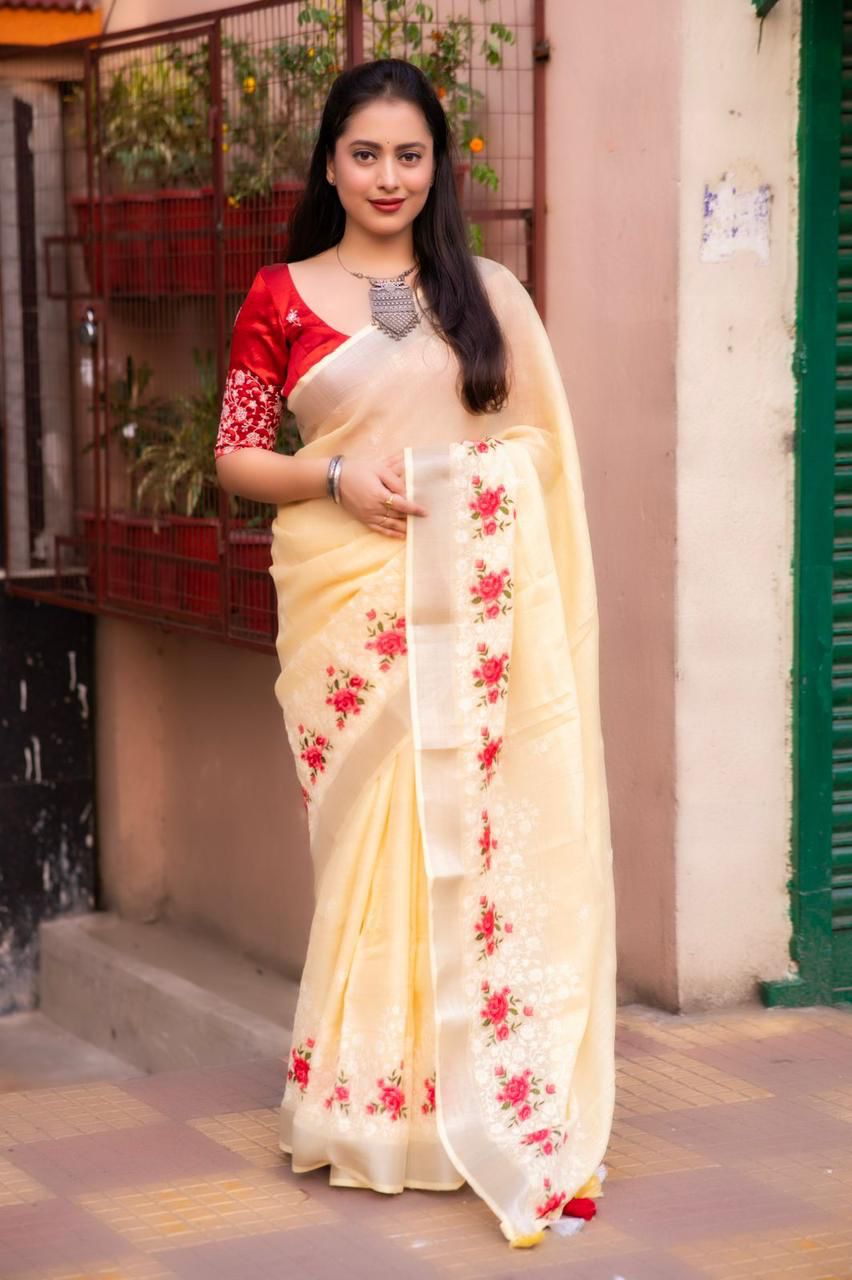 Pure Linen Saree with Elegant Silver Zari Pattu Border & Matching Blouse – Handloom-Inspired Ethnic Wear | Swaraas.in