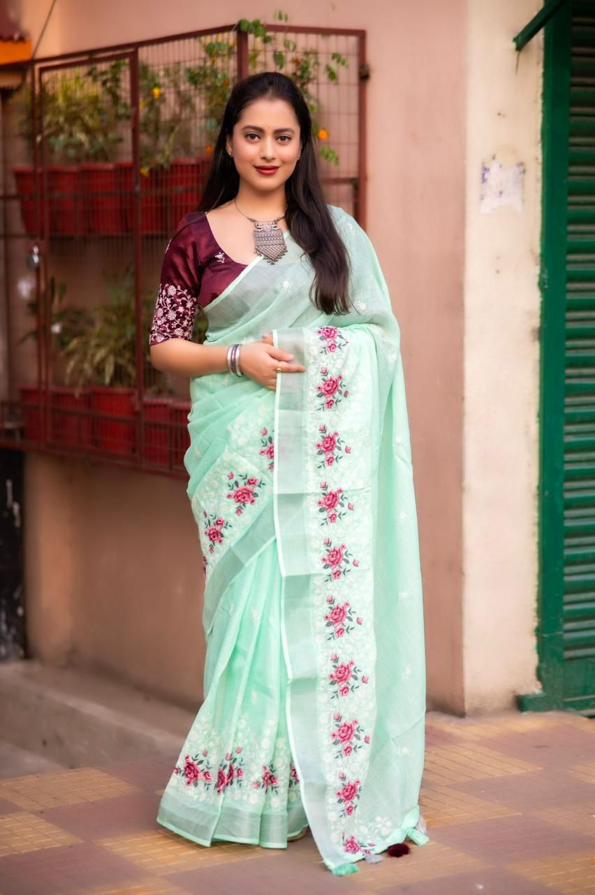 Pure Linen Saree with Elegant Silver Zari Pattu Border & Matching Blouse – Handloom-Inspired Ethnic Wear | Swaraas.in