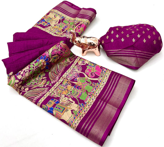 Soft Mul Dolla Saree with Elegant Foil Print & Golden Zari Pattu Border – Festive Ready Ethnic Wear | Swaraas.in