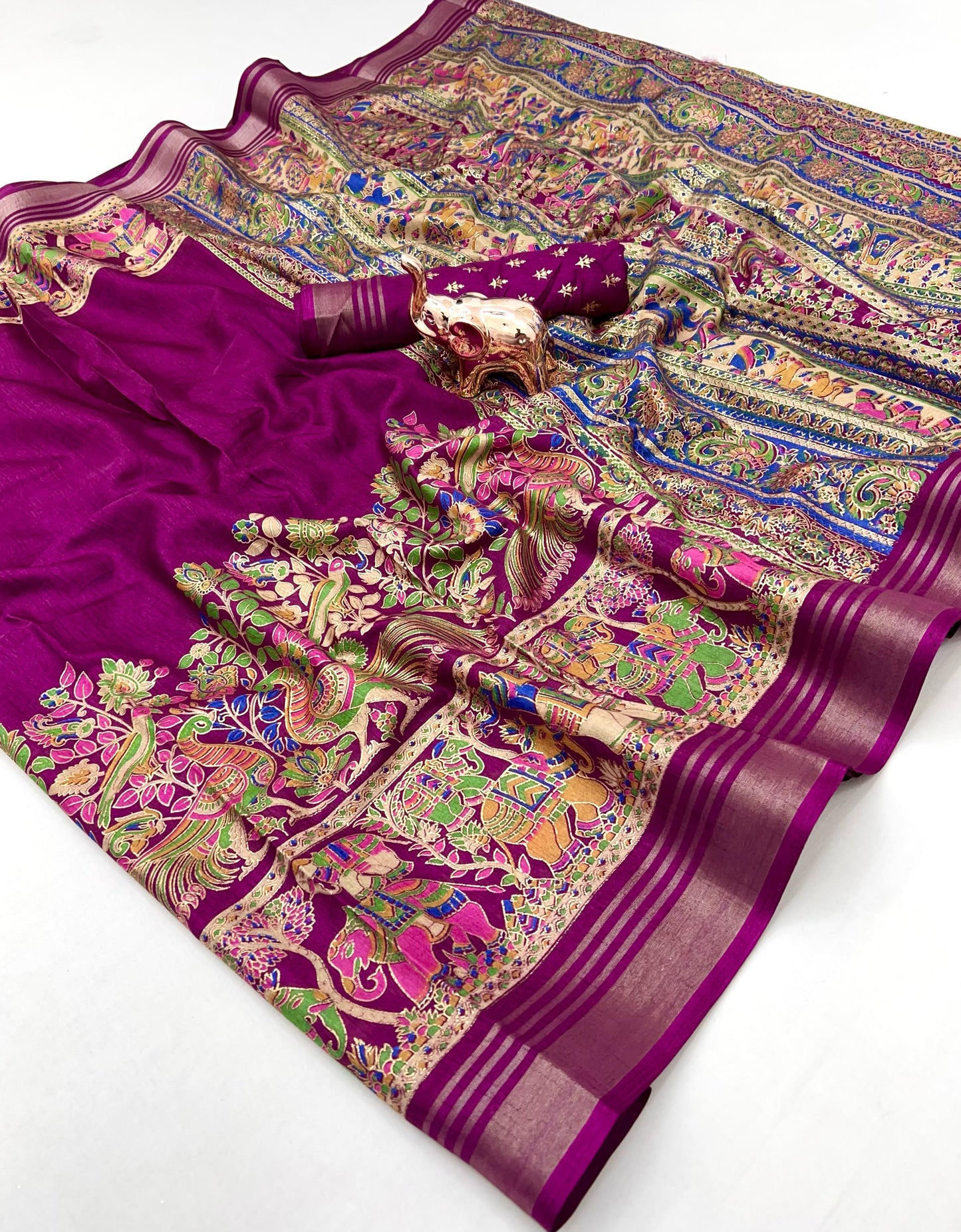 Soft Mul Dolla Saree with Elegant Foil Print & Golden Zari Pattu Border – Festive Ready Ethnic Wear | Swaraas.in