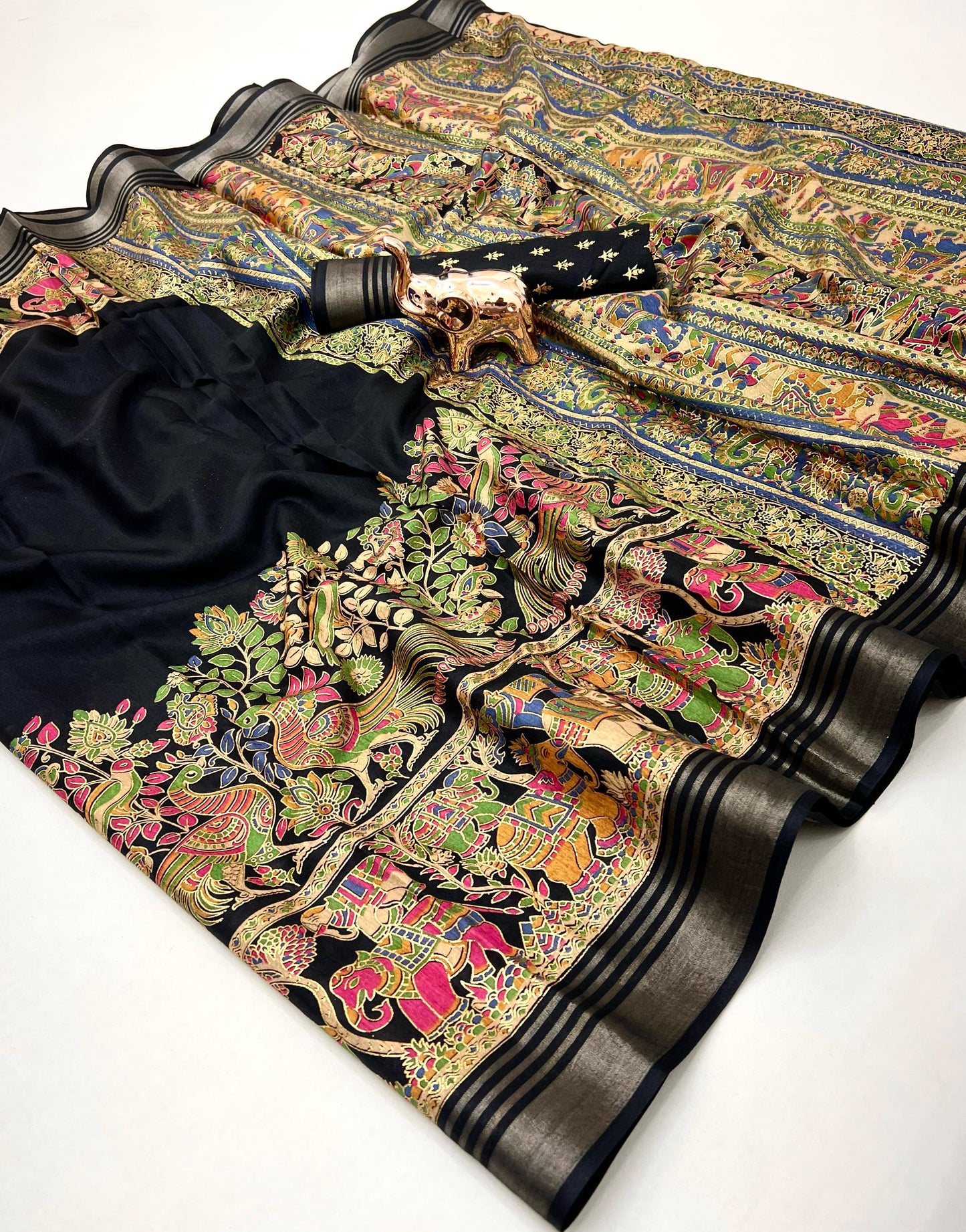 Soft Mul Dolla Saree with Elegant Foil Print & Golden Zari Pattu Border – Festive Ready Ethnic Wear | Swaraas.in