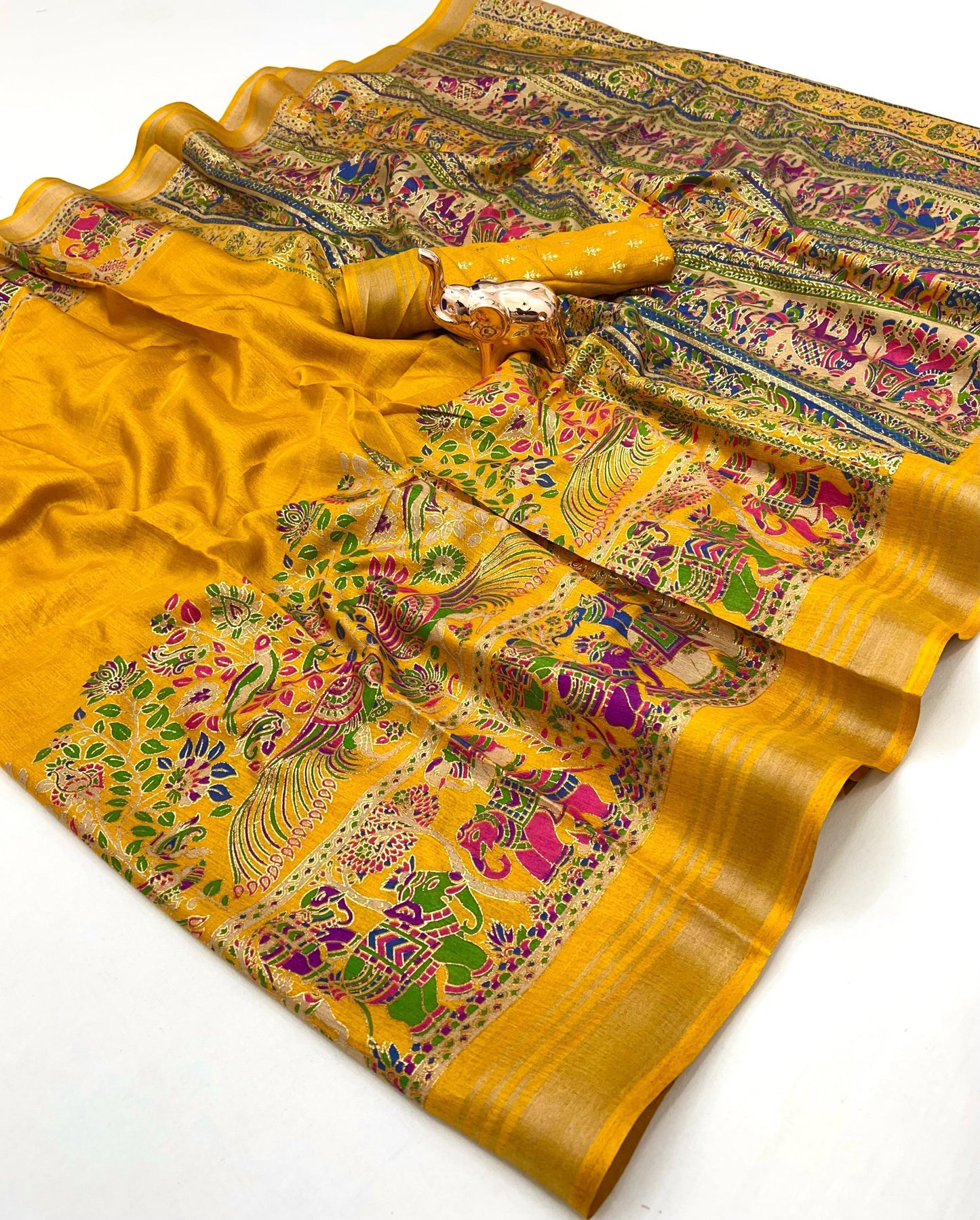 Soft Mul Dolla Saree with Elegant Foil Print & Golden Zari Pattu Border – Festive Ready Ethnic Wear | Swaraas.in