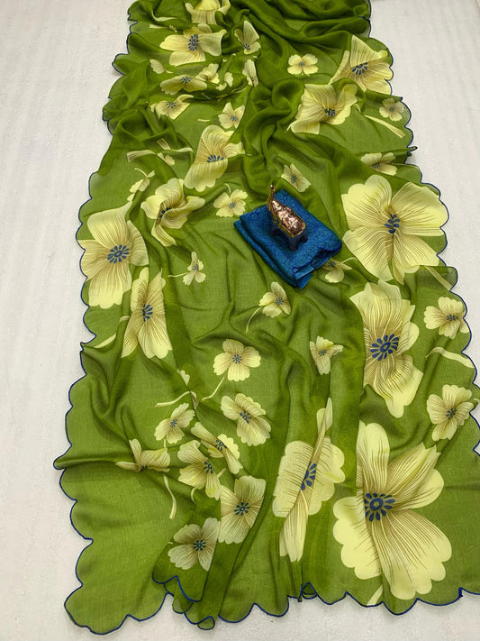 Blooming Summer Floral Georgette Saree with Mina Color Cutwork Border – Lightweight Bollywood Style Saree | Swaraas.in