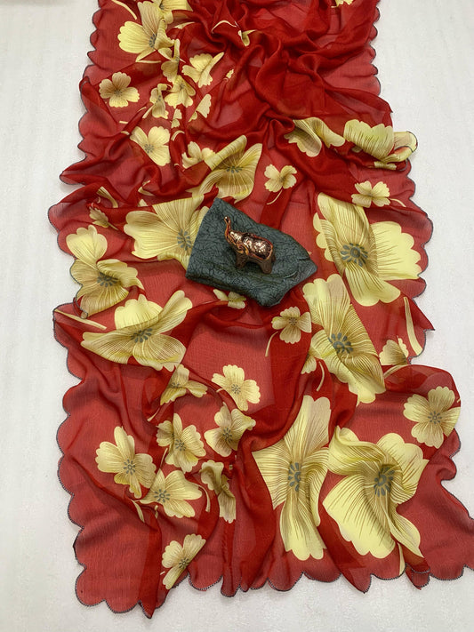 Blooming Summer Floral Georgette Saree with Mina Color Cutwork Border – Lightweight Bollywood Style Saree | Swaraas.in