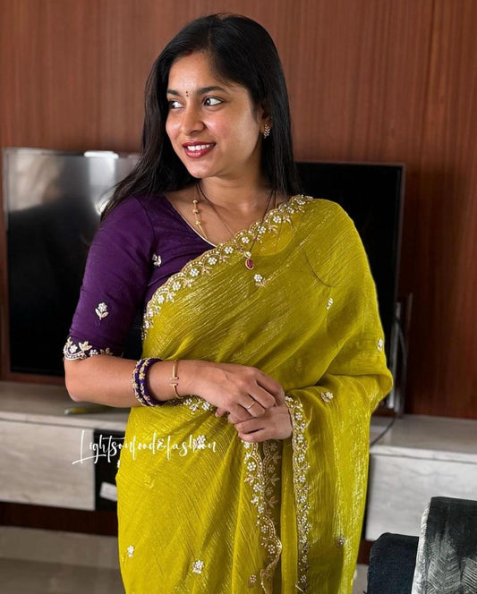 Crunchy Chiffon Silk Saree with Embroidery, Moti Work & Scalloped Cutwork Border – Elegant Party Wear | Swaraas.in