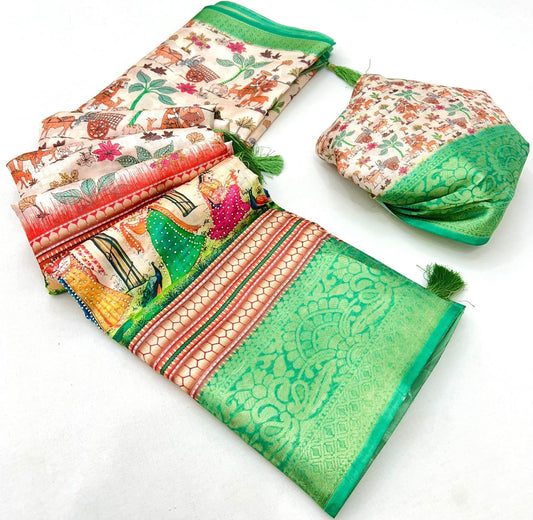 Pure Soft Dola Silk Saree with Kalamkari Print, Swarovski Stone Work & Jacquard Border | Fancy Tassels Pallu