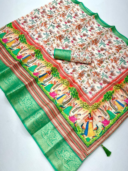 Pure Soft Dola Silk Saree with Kalamkari Print, Swarovski Stone Work & Jacquard Border | Fancy Tassels Pallu