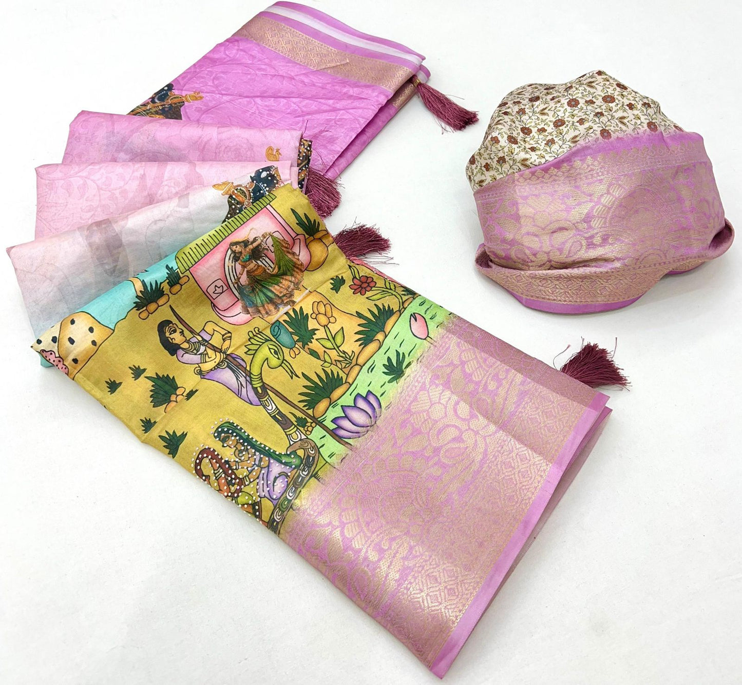 Pure Soft Dola Silk Saree with Kalamkari Print, Swarovski Stone Work & Jacquard Border | Fancy Tassels Pallu