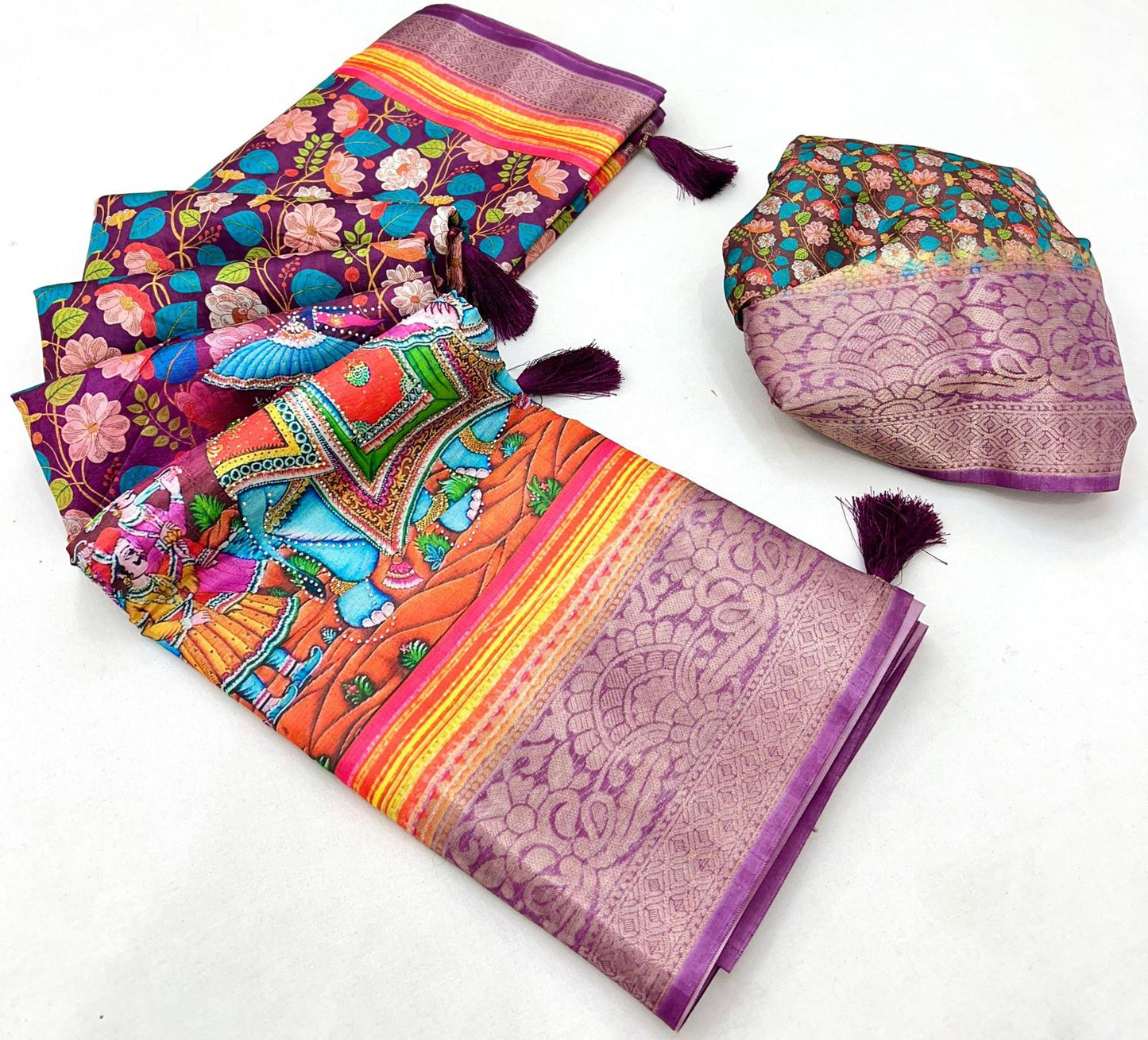 Pure Soft Dola Silk Saree with Kalamkari Print, Swarovski Stone Work & Jacquard Border | Fancy Tassels Pallu