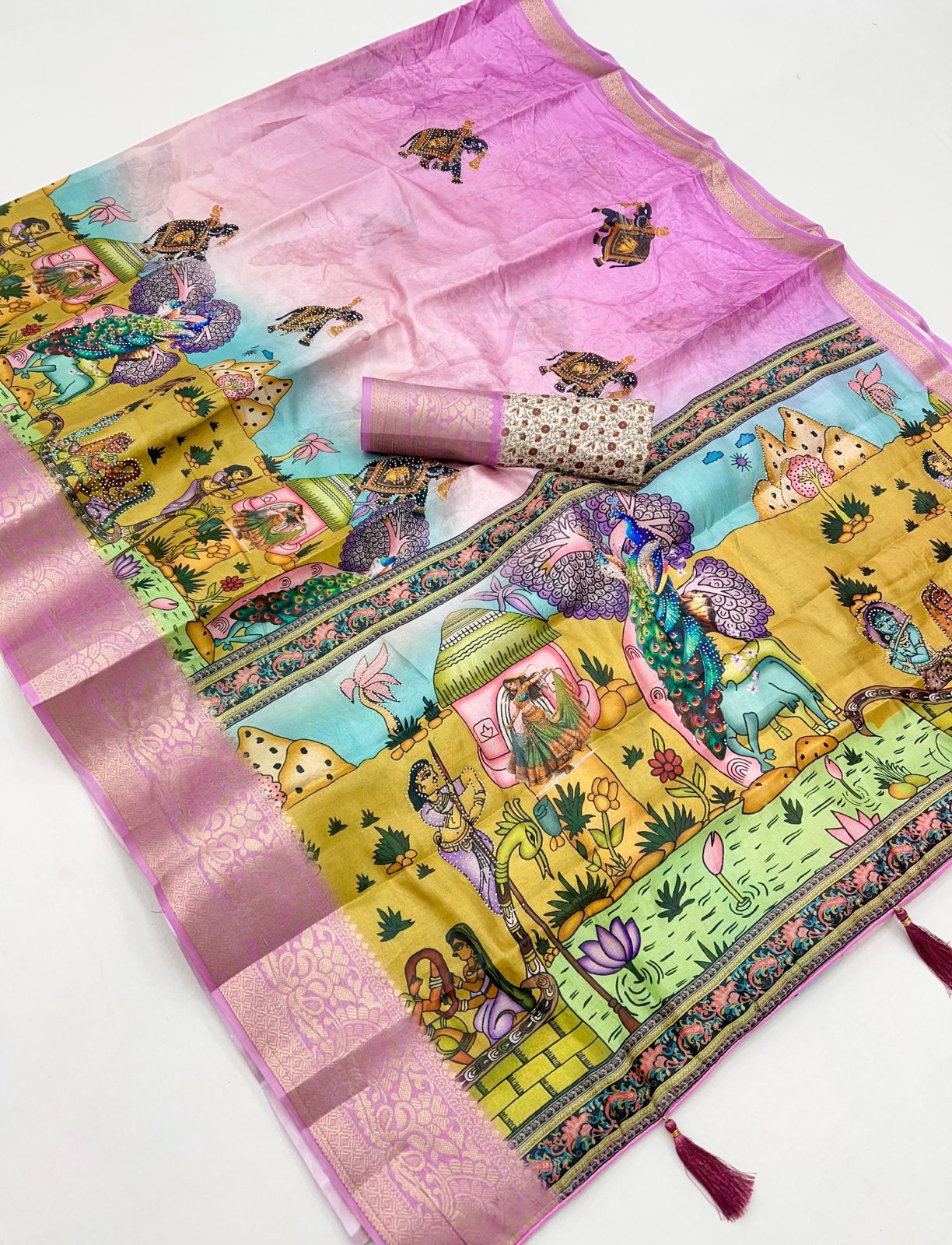 Pure Soft Dola Silk Saree with Kalamkari Print, Swarovski Stone Work & Jacquard Border | Fancy Tassels Pallu
