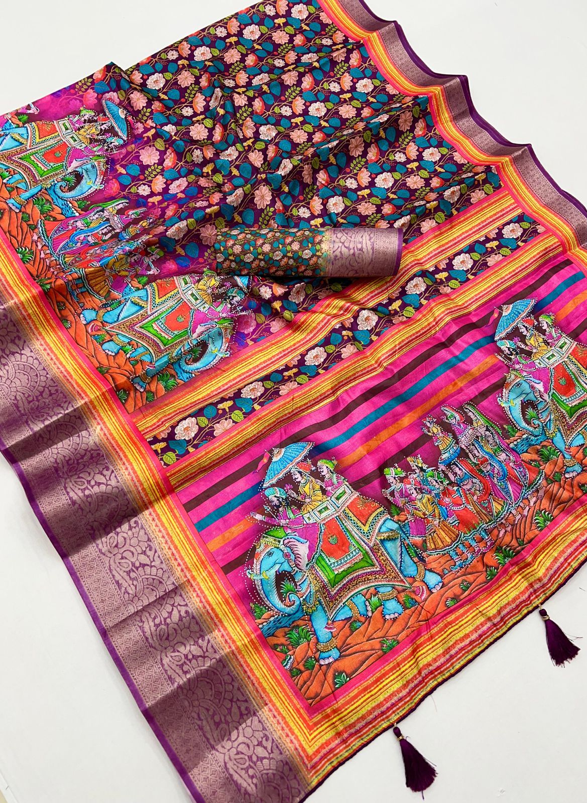 Pure Soft Dola Silk Saree with Kalamkari Print, Swarovski Stone Work & Jacquard Border | Fancy Tassels Pallu