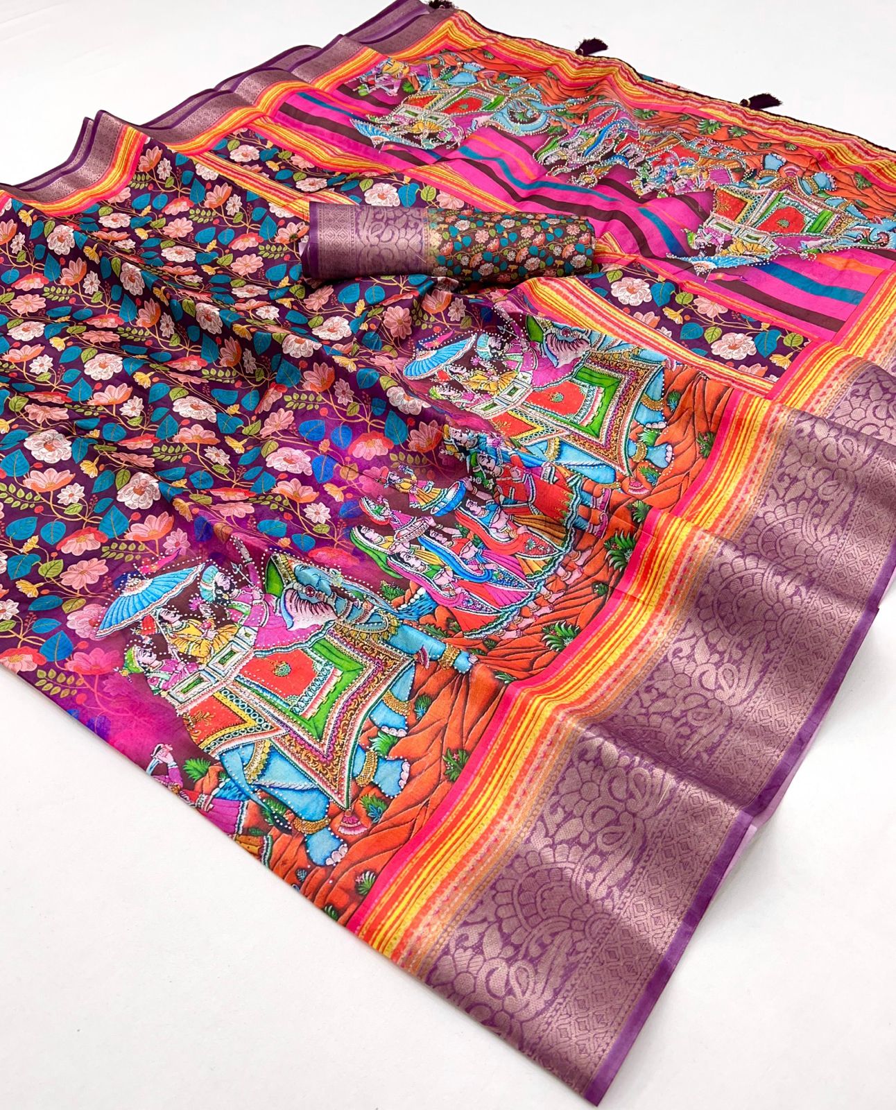 Pure Soft Dola Silk Saree with Kalamkari Print, Swarovski Stone Work & Jacquard Border | Fancy Tassels Pallu