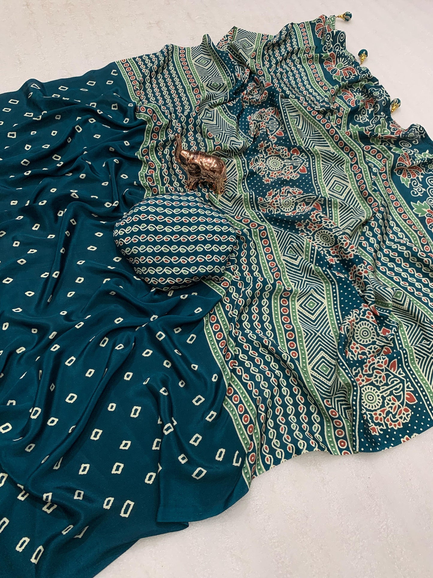 Pure Satin Crepe Ajrakh Printed Saree with Rich Pallu & Heavy Tassels | Ethnic Elegance by Swaraas