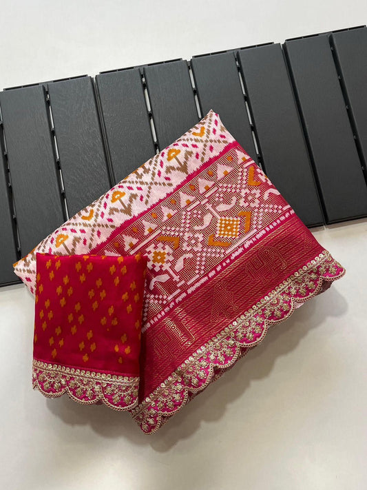 Premium Dola Silk Kalamkari Print Saree with Scallop Maggam & Sequin Lace Work, Foil Printed Pallu & Contrast Blouse | Swaraas.in