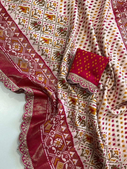 Premium Dola Silk Kalamkari Print Saree with Scallop Maggam & Sequin Lace Work, Foil Printed Pallu & Contrast Blouse | Swaraas.in