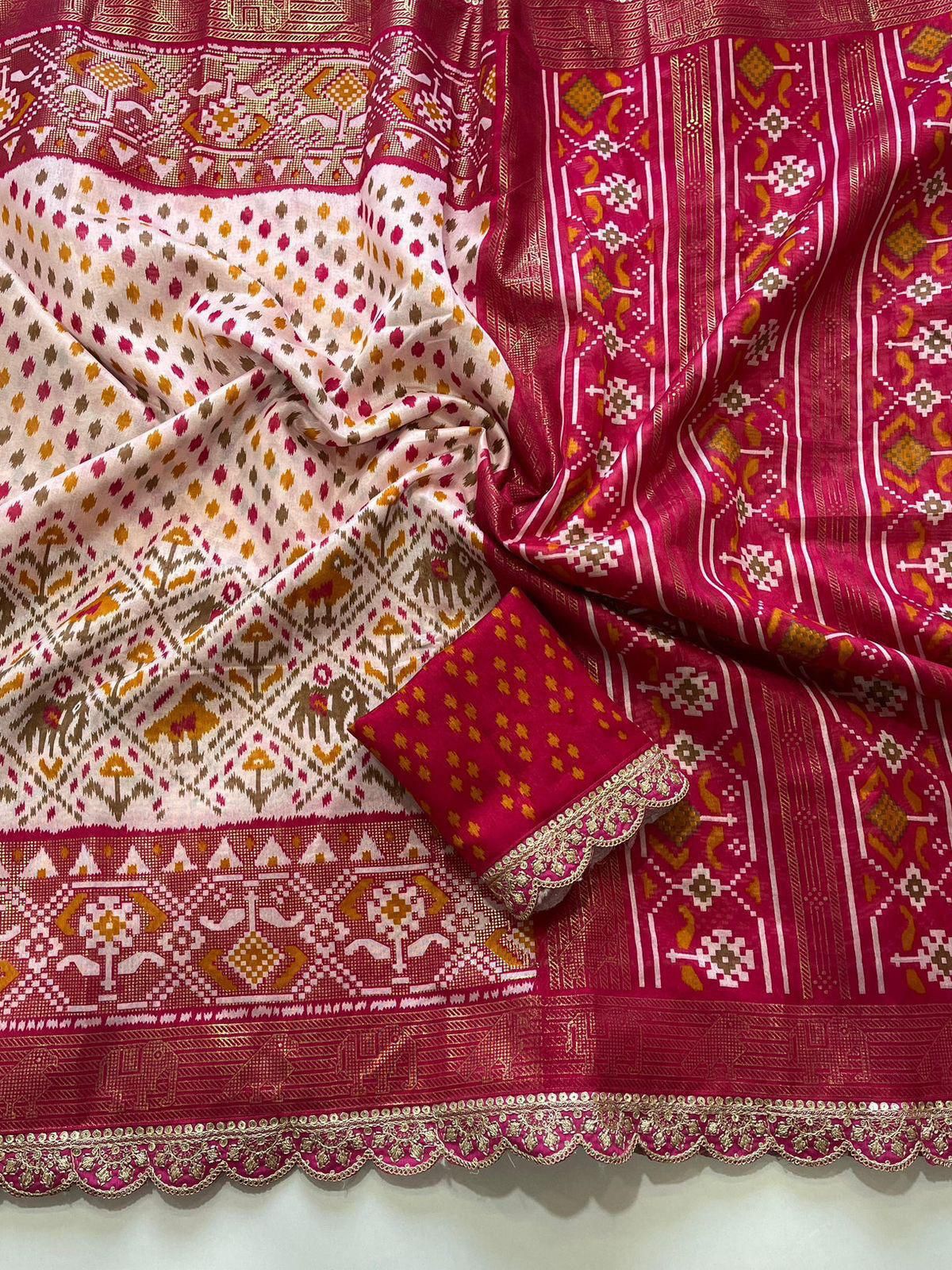 Premium Dola Silk Kalamkari Print Saree with Scallop Maggam & Sequin Lace Work, Foil Printed Pallu & Contrast Blouse | Swaraas.in