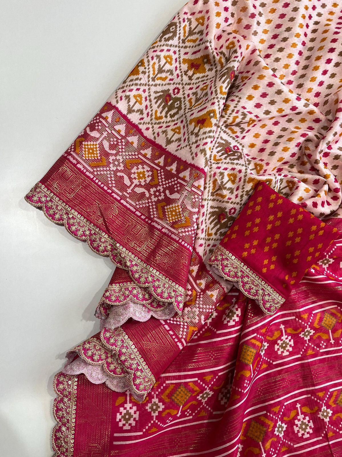 Premium Dola Silk Kalamkari Print Saree with Scallop Maggam & Sequin Lace Work, Foil Printed Pallu & Contrast Blouse | Swaraas.in