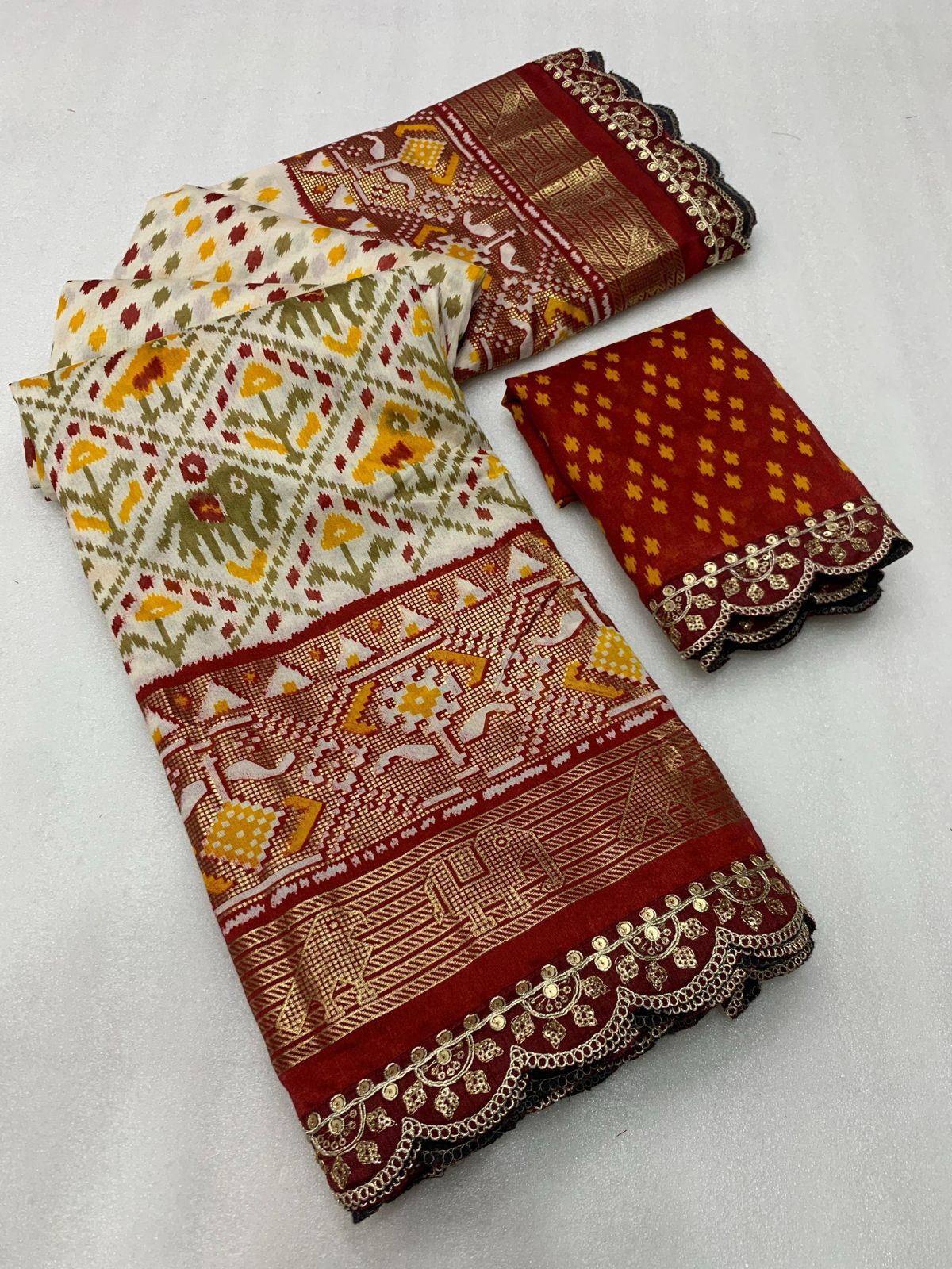 Premium Dola Silk Kalamkari Print Saree with Scallop Maggam & Sequin Lace Work, Foil Printed Pallu & Contrast Blouse | Swaraas.in