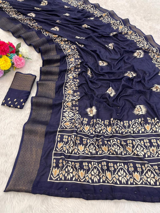 Pure Soft Dola Silk Saree with HD Kalamkari Print, Heavy Jacquard Border & Embroidery Work