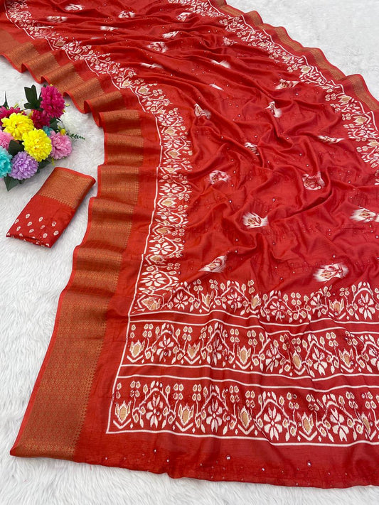 Pure Soft Dola Silk Saree with HD Kalamkari Print, Heavy Jacquard Border & Embroidery Work