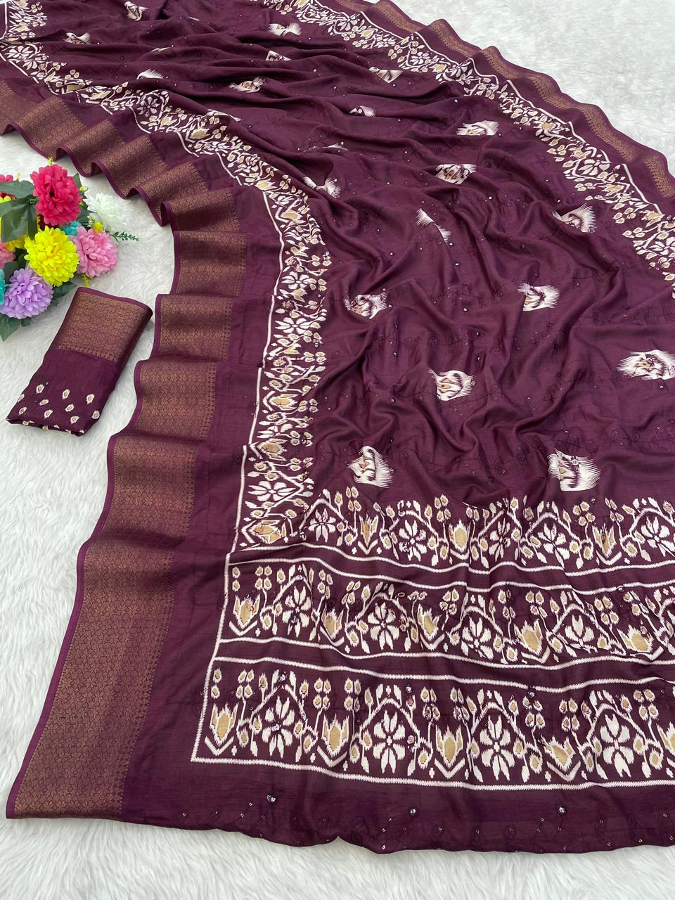 Pure Soft Dola Silk Saree with HD Kalamkari Print, Heavy Jacquard Border & Embroidery Work