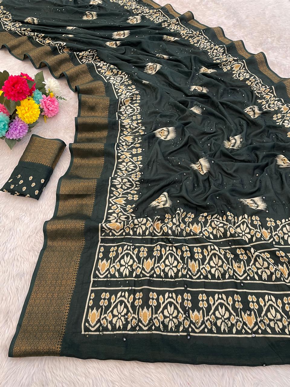 Pure Soft Dola Silk Saree with HD Kalamkari Print, Heavy Jacquard Border & Embroidery Work