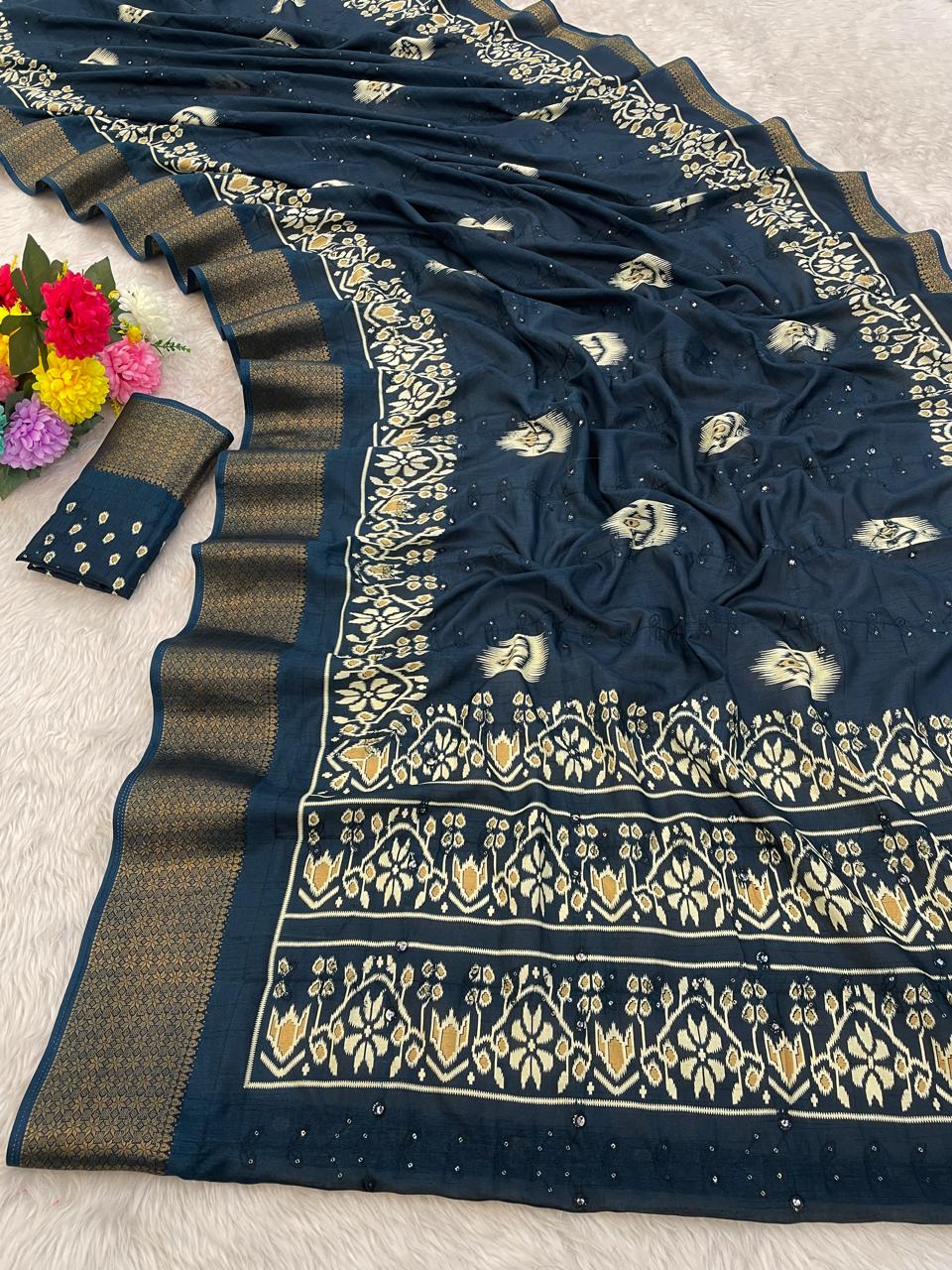 Pure Soft Dola Silk Saree with HD Kalamkari Print, Heavy Jacquard Border & Embroidery Work