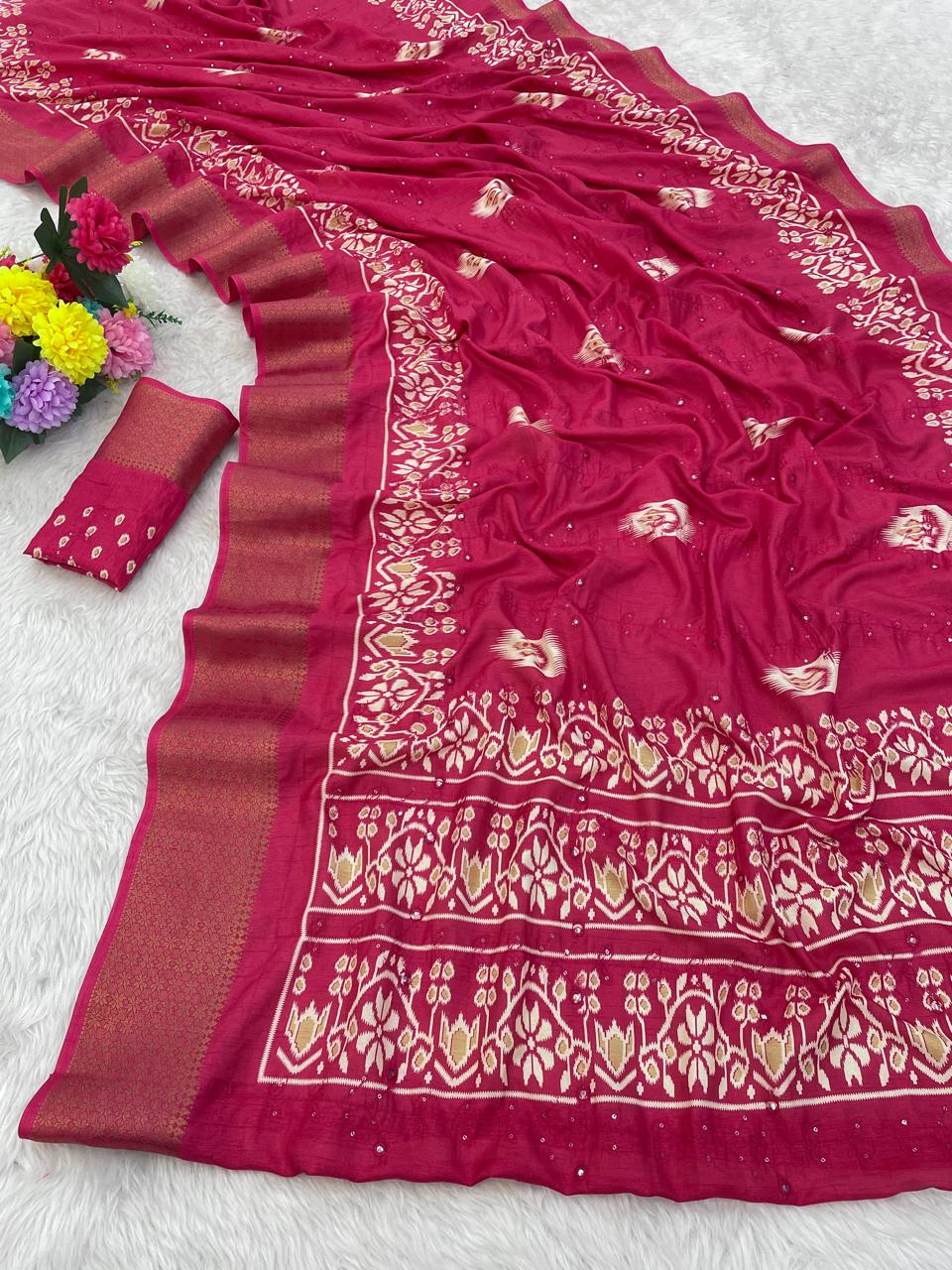 Pure Soft Dola Silk Saree with HD Kalamkari Print, Heavy Jacquard Border & Embroidery Work
