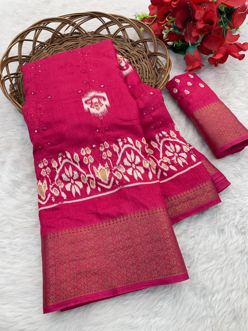 Pure Soft Dola Silk Saree with HD Kalamkari Print, Heavy Jacquard Border & Embroidery Work