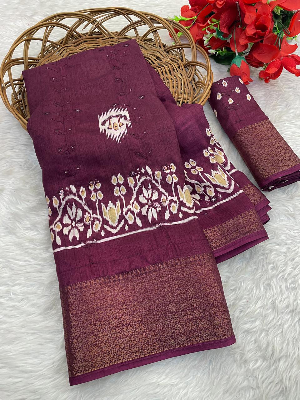 Pure Soft Dola Silk Saree with HD Kalamkari Print, Heavy Jacquard Border & Embroidery Work