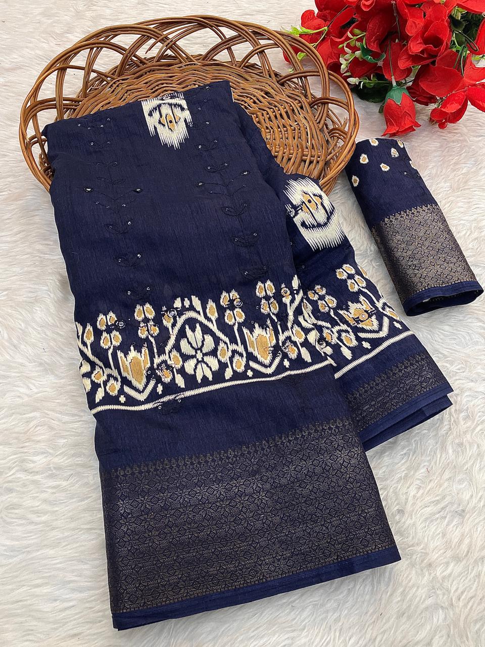 Pure Soft Dola Silk Saree with HD Kalamkari Print, Heavy Jacquard Border & Embroidery Work