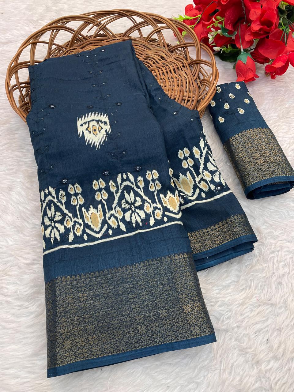 Pure Soft Dola Silk Saree with HD Kalamkari Print, Heavy Jacquard Border & Embroidery Work