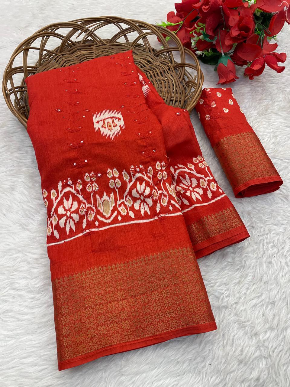Pure Soft Dola Silk Saree with HD Kalamkari Print, Heavy Jacquard Border & Embroidery Work