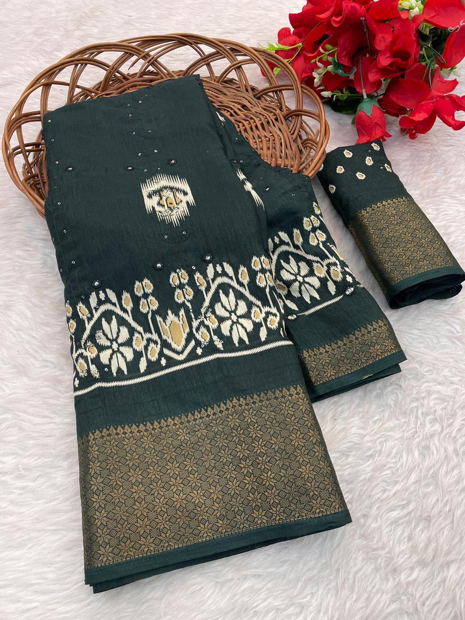 Pure Soft Dola Silk Saree with HD Kalamkari Print, Heavy Jacquard Border & Embroidery Work
