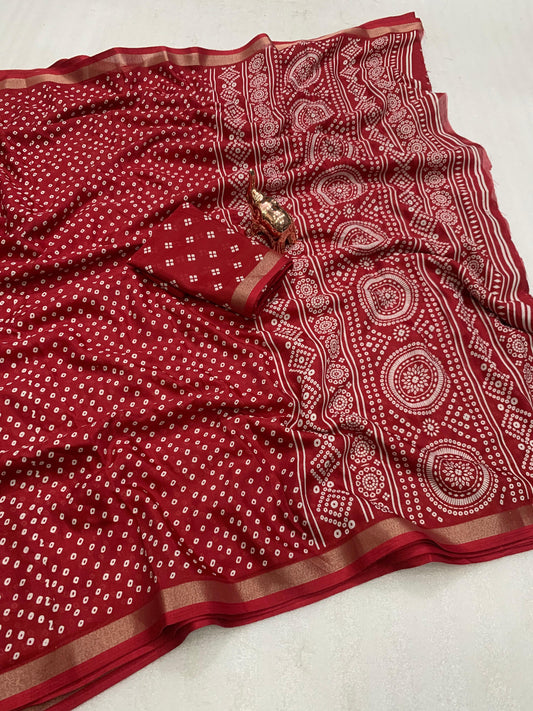 Heavy Mul Cotton Silk Saree with Bandhani Print & Golden Zari Patti Border