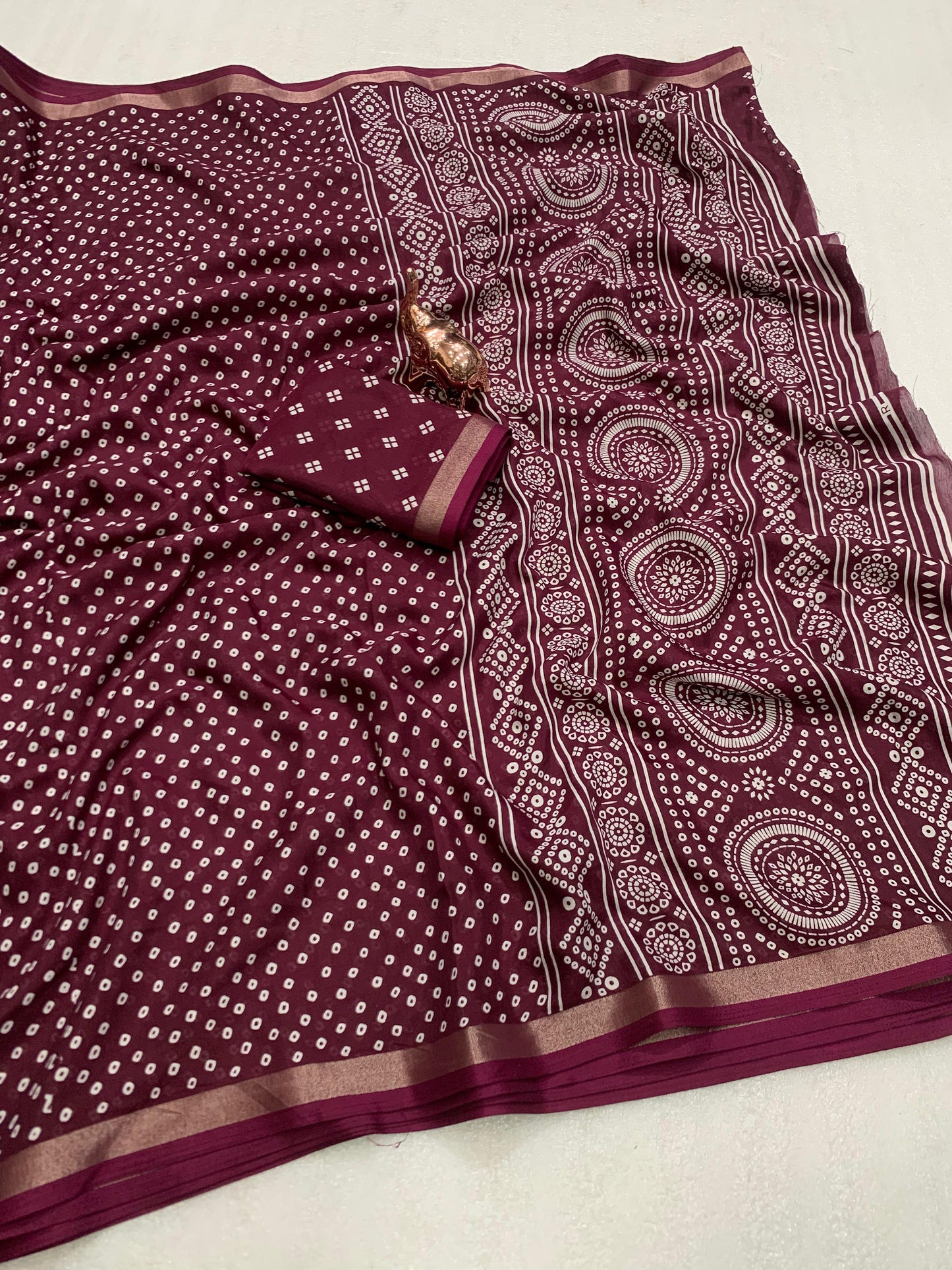 Heavy Mul Cotton Silk Saree with Bandhani Print & Golden Zari Patti Border