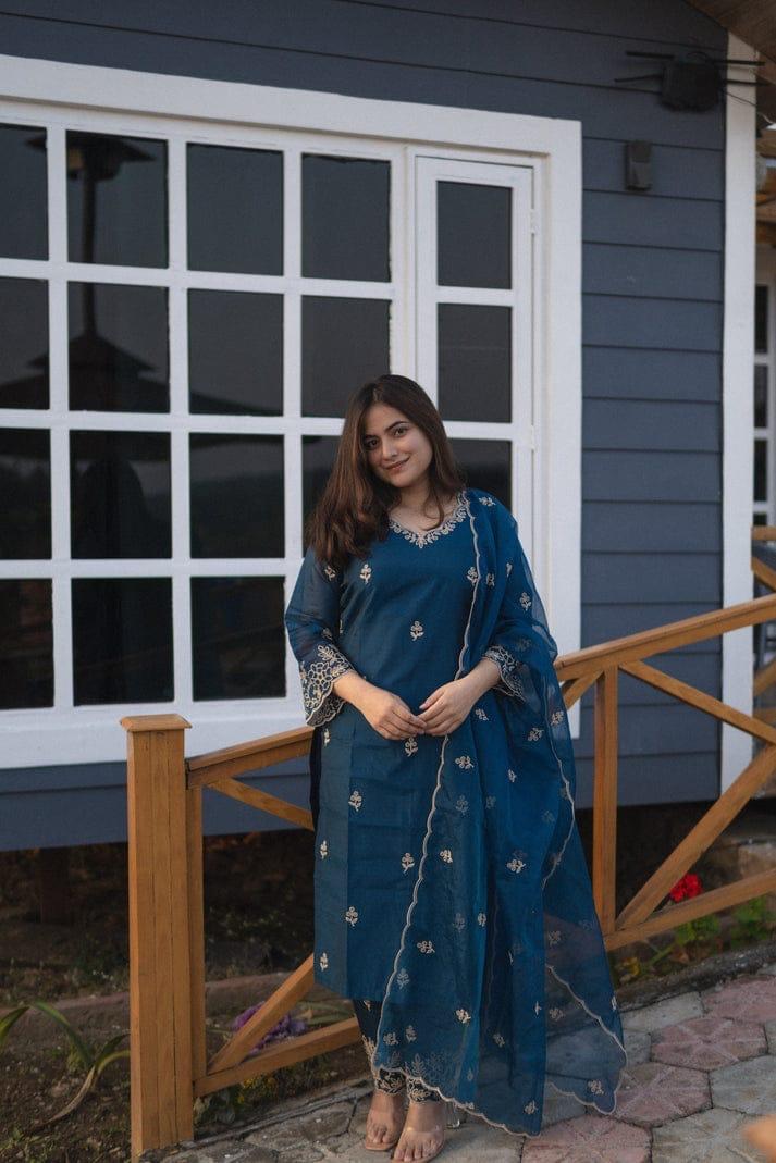 Chanderi Silk Kurti Palazzo Set with Cotton Thread Embroidery & Dupatta