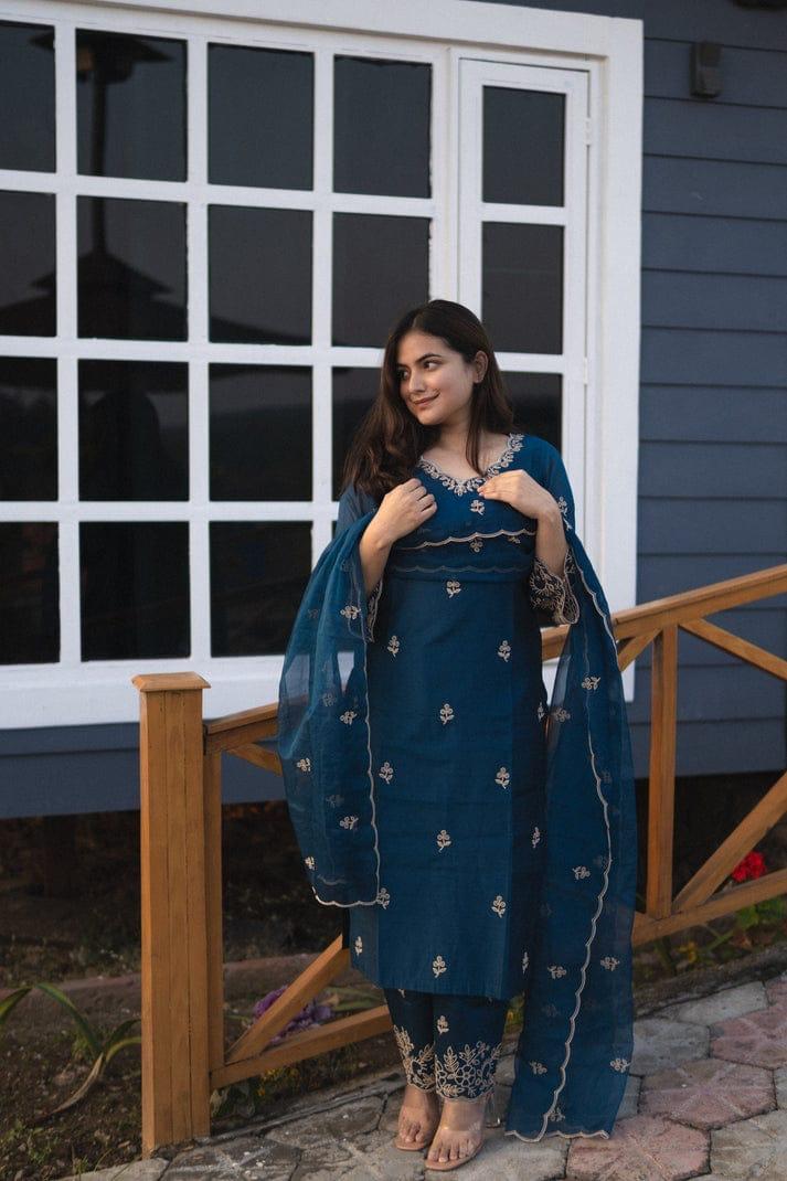 Chanderi Silk Kurti Palazzo Set with Cotton Thread Embroidery & Dupatta
