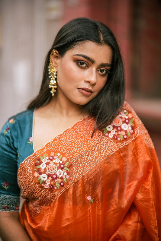 Soft Paper Crush Silk Saree with Embroidered C-Pallu & Contrast Phantom Silk Blouse