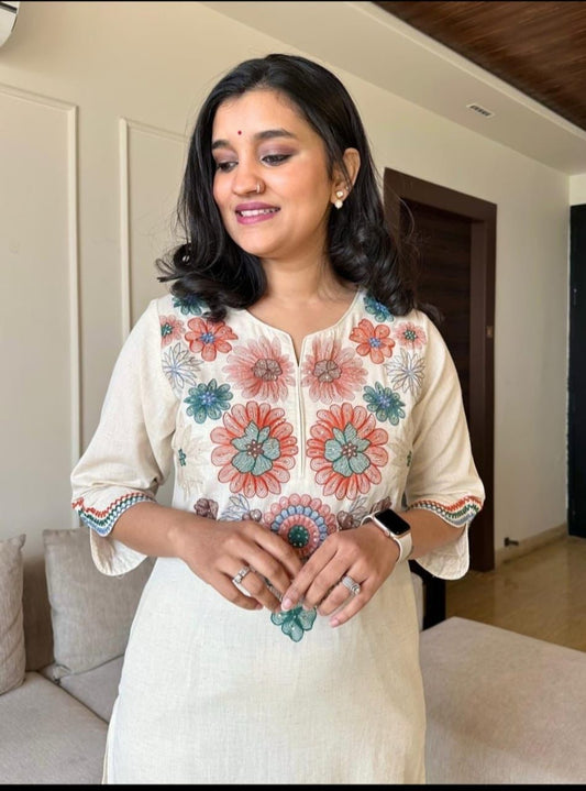 Elegant Cotton Flex Kurta Pant Set with Intricate Embroidery – Available in M, L, XL, XXL